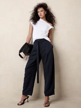 Banana Republic High-Rise Barrel Tencel Linen Pant 8 NAVY | NWOT